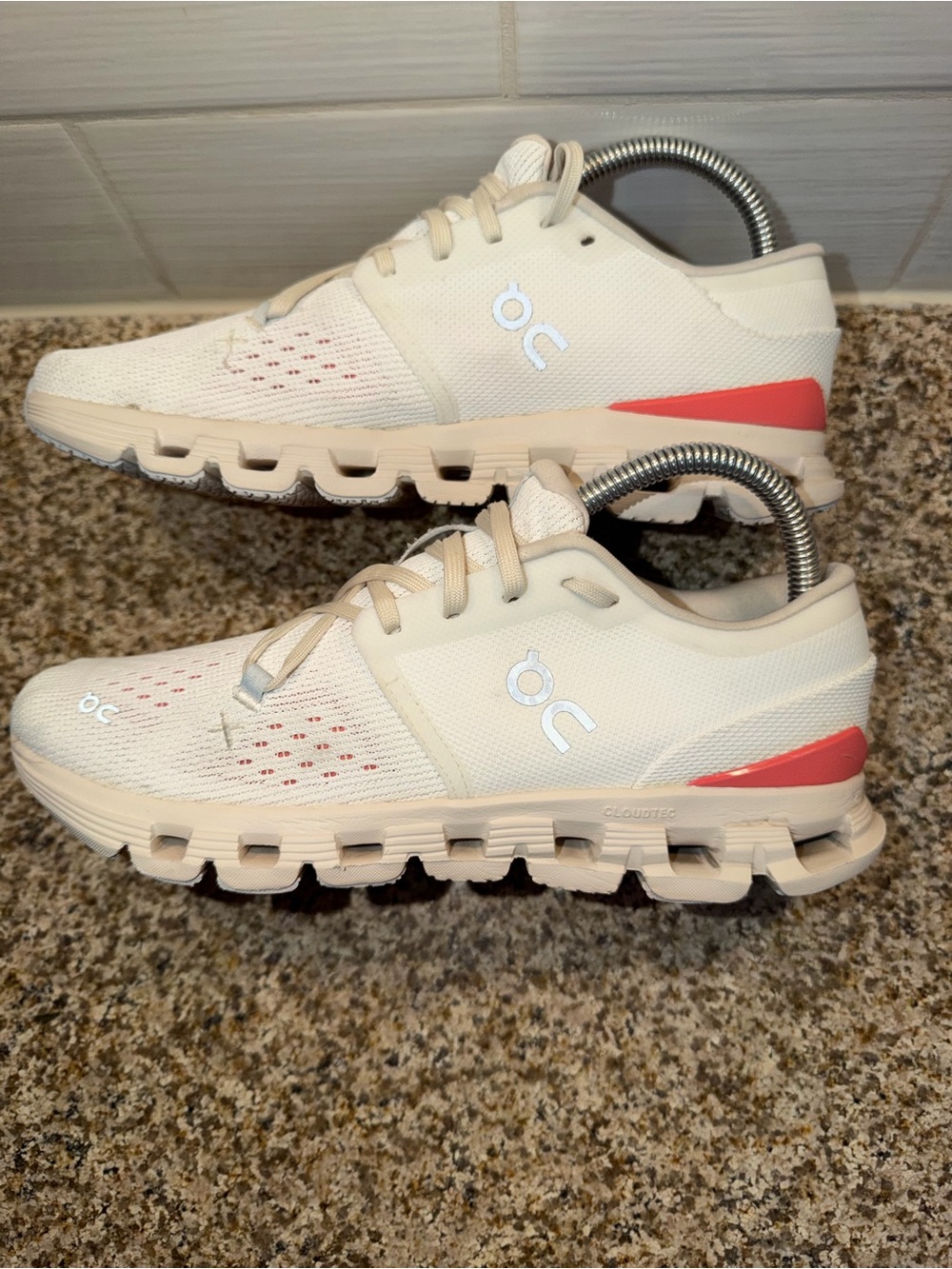 On Running Women's Lightweight Cream Running Shoes with Coral Accents
